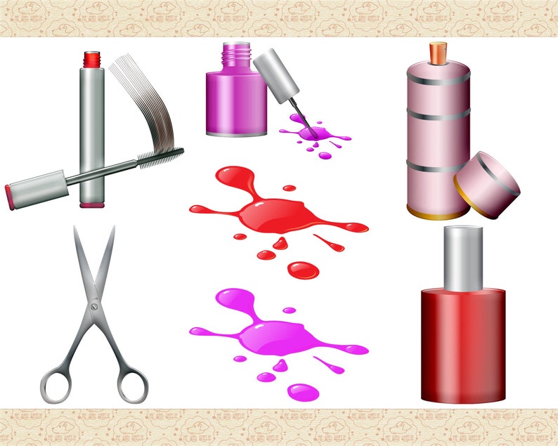 Peut inclure: Un ensemble de produits de beaut&eacute; comprenant du vernis &agrave; ongles, du mascara, des ciseaux et un flacon pulv&eacute;risateur. Le vernis &agrave; ongles est de couleur rose, rouge et violet. Le mascara est argent&eacute; avec une brosse noire. Les ciseaux sont argent&eacute;s. Le flacon pulv&eacute;risateur est rose avec un bouchon argent&eacute;. Il y a &eacute;galement des &eacute;claboussures de peinture rose, rouge et violette sur le fond blanc.