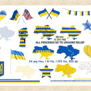 Ukrainische Clip Art AI EPS (No SvG) PNG, Alle PR0CEEDS G0 T0 CHARlTY,Ukraine Karte, Ukrainische Flagge, Ukrainische Farben, Grenzen, Wimpelkette, betende Hände,