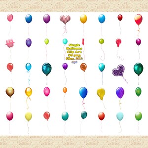 May include: A set of 50 colorful balloon clip art images. The balloons are in various shapes, including hearts, stars, and circles. The balloons are all in different colors, including red, blue, green, yellow, and purple. The balloons are all on a white background.