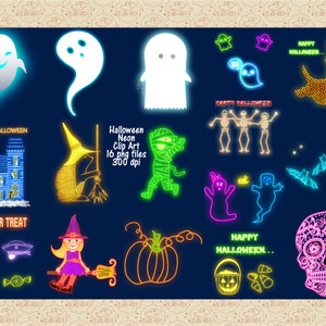 Pu&ograve; includere: Un set di 16 immagini clipart di Halloween in colori al neon. Le immagini includono fantasmi, pipistrelli, una strega, una zucca, uno scheletro, una casa, una mummia e un riccio. Il testo "Happy Halloween" appare nell'immagine.