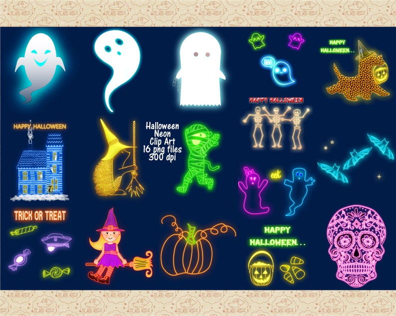 Pu&ograve; includere: Un set di 16 immagini clipart di Halloween in colori al neon. Le immagini includono fantasmi, pipistrelli, una strega, una zucca, uno scheletro, una casa, una mummia e un riccio. Il testo "Happy Halloween" appare nell'immagine.