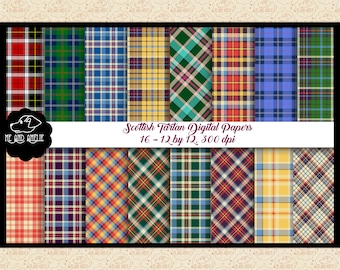 May include: A set of 16 digital papers featuring various Scottish tartan patterns in a variety of colors, including red, green, blue, yellow, and black. The papers are 12 by 12 inches and 300 dpi.