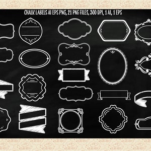 Chalk Labels Vector AI, EPS & PNG (No SvG), Label Clip Art, Ornamental Chalk Clipart, Chalk Banners, Scribble Labels, Blackboard Overlays