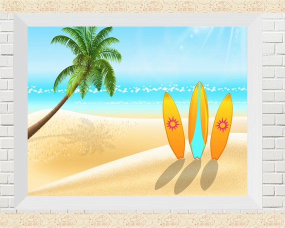 Beach Surfboard Art Print, Palm Tree Seascape (8.5x11 inch)