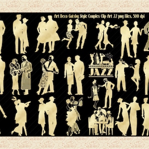 Gold Foil Gatsby Style Couples Clipart, PNG Elements, Roaring 20s, Gatsby Wedding, Flapper Elements, Mobster Clip Art, Gangsters,  1920s