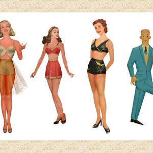 May include: Four paper dolls, two women wearing different styles of lingerie and a man wearing a blue suit, and a woman wearing a black and yellow swimsuit. The dolls are cut out and ready to be played with.