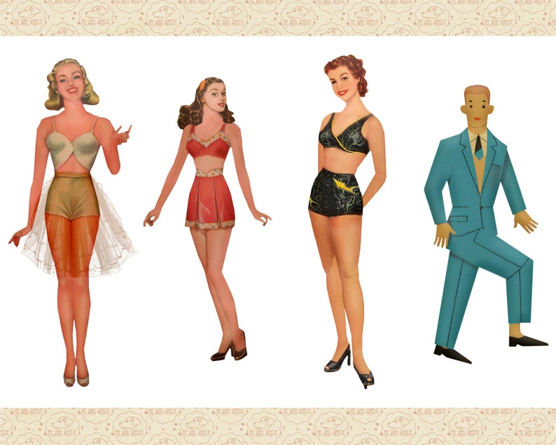 May include: Four paper dolls, two women wearing different styles of lingerie and a man wearing a blue suit, and a woman wearing a black and yellow swimsuit. The dolls are cut out and ready to be played with.