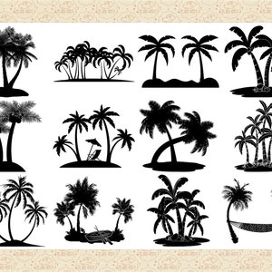 May include: Silhouettes of palm trees in various poses, some with coconuts, others with umbrellas, and one with a hammock. The images are black against a white background.