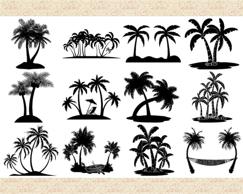 May include: Silhouettes of palm trees in various poses, some with coconuts, others with umbrellas, and one with a hammock. The images are black against a white background.