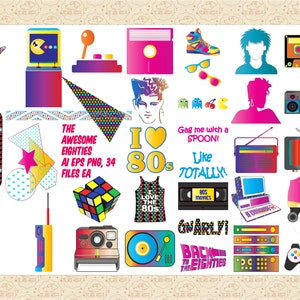 Puede incluir: Una colección de gráficos con temática de los años 80, que incluye una máquina recreativa Pac-Man, un cubo de Rubik, un casete, un radiocasete, una patineta y un patín. También se incluye el texto "I Love 80s" y "The Awesome Eighties". La paleta de colores es vibrante.