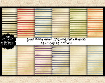 May include: Twelve digital paper designs featuring gold foil painted stripes on a cream background. Each design has a different color stripe, including black, red, blue, green, orange, pink, purple, and light blue. The papers are 12 inches by 12 inches and 300 dpi.