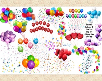 Balloons & Confetti ClipArt, Colorful Balloons, Confetti ClipArt, Party Graphics, Wedding, New Years, Birthday Clip Art, Celebration, CU OK