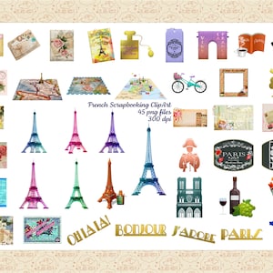Französische Auswahl Scrapbook Clip Art, Eiffeltürme, Paris Wahrzeichen, Französische Postkarten, Französische Tags, Französische Goldfolien Wörter, Karten