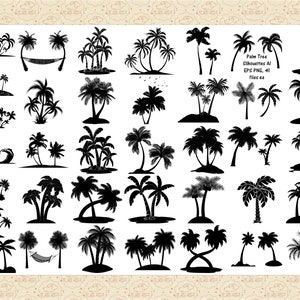 May include: A collection of 41 black and white palm tree silhouettes. The silhouettes are in various poses and sizes. Palm Tree Silhouettes AI EPS PNG, 41 files ea.