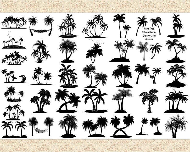 May include: A collection of 41 black and white palm tree silhouettes. The silhouettes are in various poses and sizes. Palm Tree Silhouettes AI EPS PNG, 41 files ea.