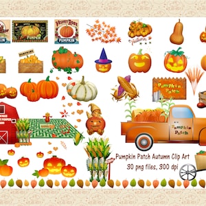 May include: A digital clip art set featuring 30 images of pumpkins, corn, a truck, a wheelbarrow, a scarecrow, a corn maze, and other autumn-themed elements. The images are in a cartoon style and are perfect for creating autumn-themed crafts, decorations, and projects.