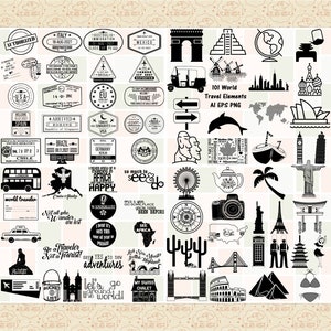 World Travel Megapack, 101 bestanden van elk AI EPS- en PnG-bestanden (geen SVG) Wereldmonumenten, paspoortzegels, Eiffeltoren, Japan, Afrika, Europa