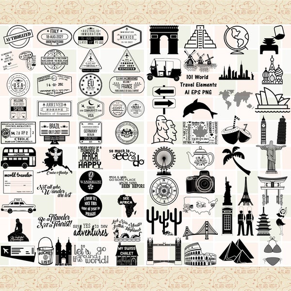 World Travel Megapack, 101 files Each AI EPS & PnG files (No SVG) World Monuments, Passport Stamps, Eiffel Tower, Japan, Africa, Europe