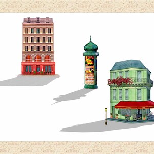 May include: A watercolor illustration of three Parisian buildings. A red building with a sign that says "Restaurant" in white letters. A green building with a red awning that says "Cafe" in white letters. A green column with a poster advertising a play called "Kitty" starring Jeanette MacDonald and a cast of other actors.
