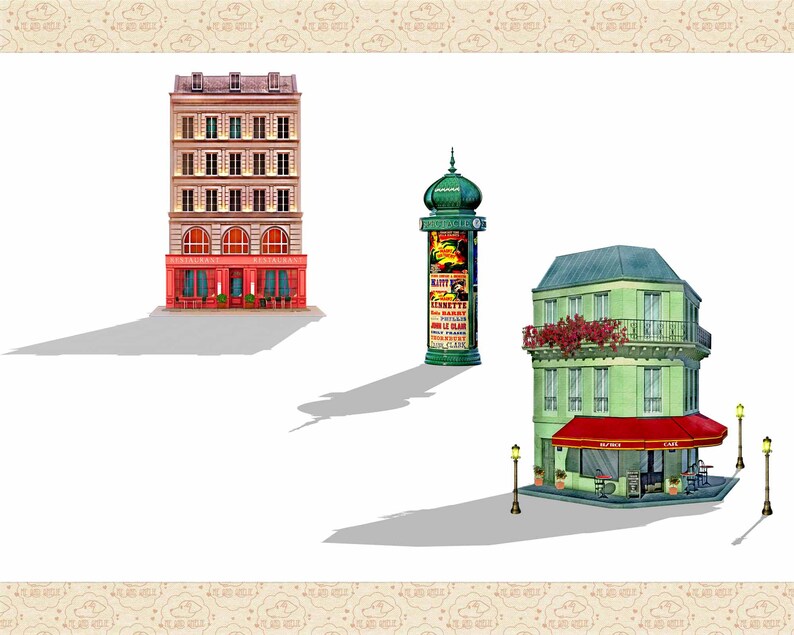 May include: A watercolor illustration of three Parisian buildings. A red building with a sign that says "Restaurant" in white letters. A green building with a red awning that says "Cafe" in white letters. A green column with a poster advertising a play called "Kitty" starring Jeanette MacDonald and a cast of other actors.