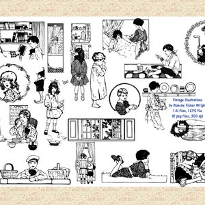 Op de afbeelding: Een set van 18 zwart-wit vintage illustraties met kinderen, volwassenen en verschillende sc&egrave;nes. De illustraties zijn in een eenvoudige, klassieke stijl en zijn perfect voor scrapbooking, kaart maken of andere creatieve projecten.