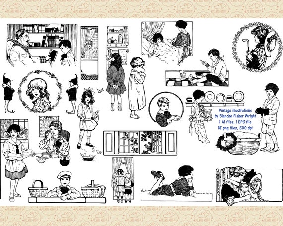 Blanche Fisher Wright Vintage Illustrations, Mother Goose Art (PNG, AI, EPS)