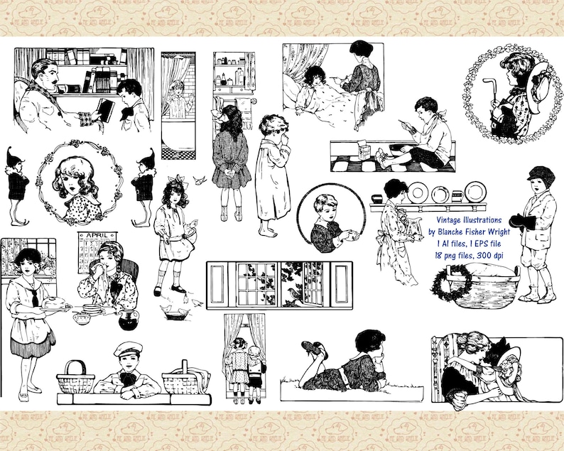 Op de afbeelding: Een set van 18 zwart-wit vintage illustraties met kinderen, volwassenen en verschillende sc&egrave;nes. De illustraties zijn in een eenvoudige, klassieke stijl en zijn perfect voor scrapbooking, kaart maken of andere creatieve projecten.