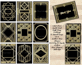 Gatsby Gold Foil & Black Gift Tag Collage, Gatsby Wedding Labels, 9 tags on 1 Letter Size, Print*Cut, Junk Journals, Commercial OK