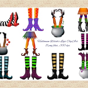 May include: Eleven digital illustrations of witch's legs in various styles and colors. The legs are wearing different shoes and stockings, and some are holding cauldrons. The text "Halloween Witch's Legs ClipArt 11 png files, 300 dpi" is at the bottom of the image.