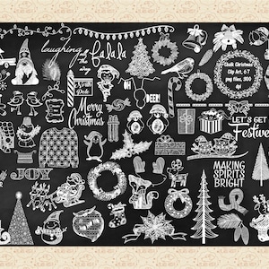 May include: A set of 67 white chalk-style Christmas clip art images on a black background. The images include a variety of festive elements such as a snowman, a penguin, a Christmas tree, a wreath, a gift, a stocking, a bell, a candy cane, a gingerbread man, a bird, a gnome, a reindeer, a fox, a snowflake, a star, a holly sprig, a pine cone, a mitten, a scarf, a sled, a house, a sweater, a sign that says "North Pole", a sign that says "Merry Christmas", a sign that says "Laughing all the way", a sign that says "Let's get festive", a sign that says "Making spirits bright", and a sign that says "Joy".