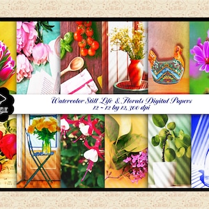 Papéis digitais de natureza morta em aquarela, florais em aquarela, alimentos em aquarela, fundos em aquarela, papéis abstratos em aquarela, OK comercial