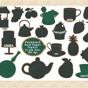 Kształty tablicy kredowej żywności ClipArt, etykiety na tablicy, kawa, herbata, lody, tablica owoców, lista win, ciasta, kształty kuchenne Commercial OK