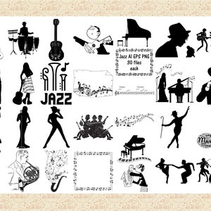 Jazz Variety AI EPS PNG (geen SvG) Retro jazzmuzikanten, zangers, piano ClipArt, muzieknoten, partituur, jazzdansers, gitaar, saxofoon