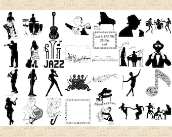 Jazz Music Clipart - 30 Musician Graphics, Piano, Saxophone, Guitar - AI, EPS, PNG (Digital Download)