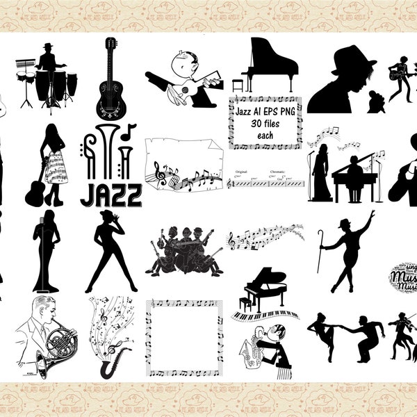 Jazz Variety AI EPS PNG (no SvG,) Retro Jazz Musicians, Singers, Piano ClipArt, Musical Notes, Music Score, Jazz Dancers, Guitar, Saxophone