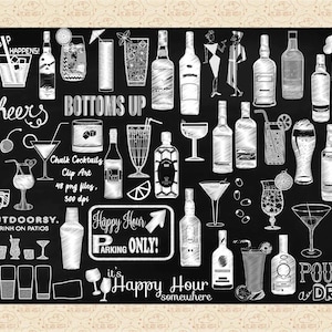 ClipArt di cocktail abbozzati di gesso, ClipArt di lavagna, Grafica della barra di lavagna, ClipArt di bevande alcoliche, ClipArt di Martini, Birra, Bottiglie di liquore