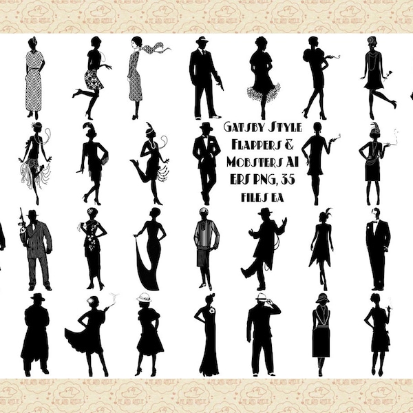 Gatsby Flappers & Gangster, AI EPS PNG, (No SvG)Roaring 20s, 1920er Frauen ClipArt, 1920er Männer, Gatsby Party, Hochzeit ClipArt, Werbung 0K