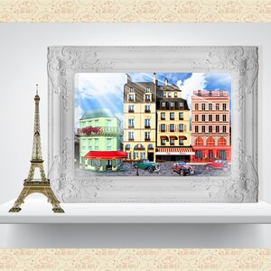 May include: A white framed picture of a Parisian street scene with colorful buildings, a cafe, and vintage cars. A miniature Eiffel Tower sits on a shelf below the picture.
