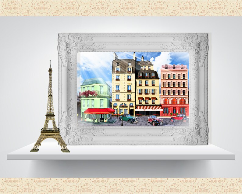 May include: A white framed picture of a Parisian street scene with colorful buildings, a cafe, and vintage cars. A miniature Eiffel Tower sits on a shelf below the picture.