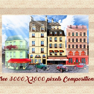 May include: A digital painting of a Parisian street scene with three buildings, a cafe, and cars. The buildings are yellow, green, and pink with red roofs. The cafe has a red awning and a sign that says "Cafe Restaurant". The cars are red, black, and blue.