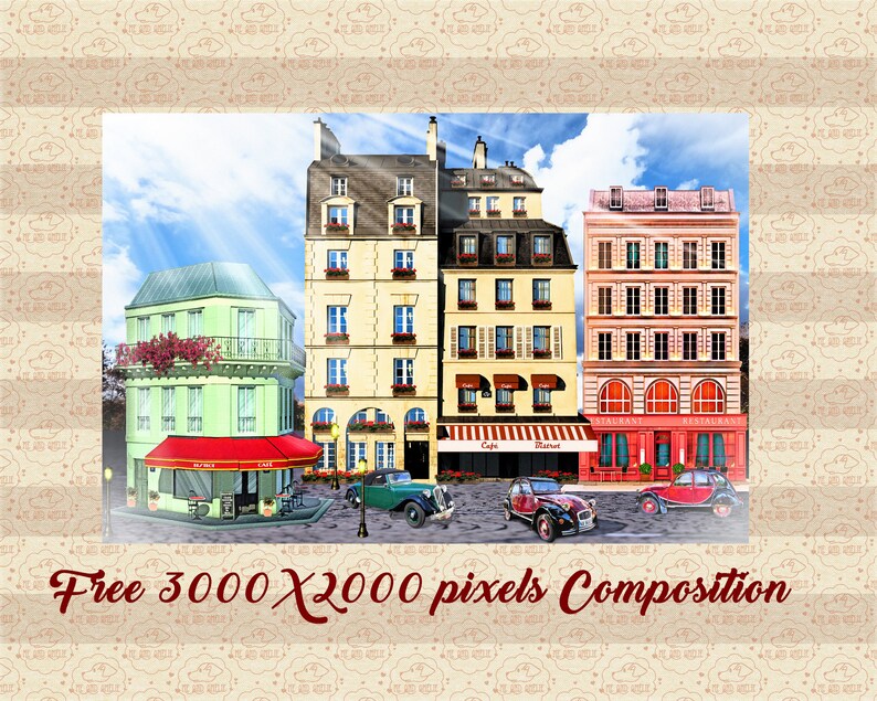 May include: A digital painting of a Parisian street scene with three buildings, a cafe, and cars. The buildings are yellow, green, and pink with red roofs. The cafe has a red awning and a sign that says "Cafe Restaurant". The cars are red, black, and blue.
