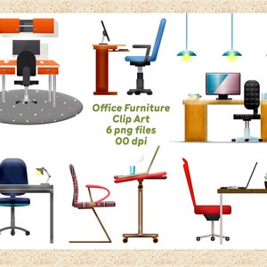 May include: A collection of office furniture clip art, including desks, chairs, and lamps. The image features various desk designs, with and without computers, and a variety of chair styles in blue, black, and red. The text "Office Furniture Clip Art" is visible.