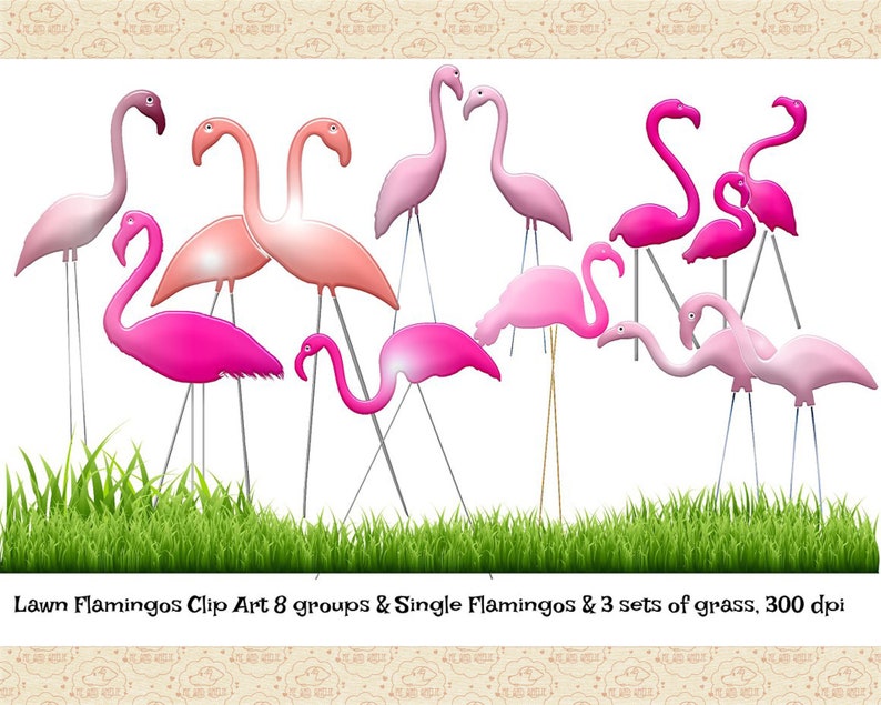 May include: Clip art of pink lawn flamingos in various poses. The flamingos are grouped together and some are standing alone. There are three sets of green grass at the bottom of the image. The text "Lawn Flamingos Clip Art 8 groups & Single Flamingos & 3 sets of grass. 300 dpi" is at the bottom of the image.