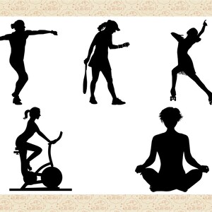 Pu&ograve; includere: Silhouettes di cinque persone impegnate in diverse attivit&agrave;. Una persona lancia un disco, un'altra gioca a tennis, un'altra pattina a rotelle, un'altra fa esercizi su una cyclette e l'ultima persona &egrave; seduta in una posizione yoga.