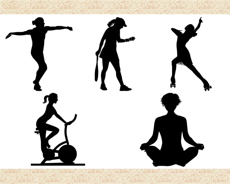 Pu&ograve; includere: Silhouettes di cinque persone impegnate in diverse attivit&agrave;. Una persona lancia un disco, un'altra gioca a tennis, un'altra pattina a rotelle, un'altra fa esercizi su una cyclette e l'ultima persona &egrave; seduta in una posizione yoga.
