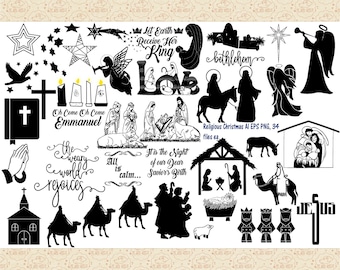 Religious Christmas AI EPS & PNG files (No SvG) Birth of Jesus, Bethlehem, Three Kings, Dove, Manger, Angels, Praying Hands, Commercial 0K