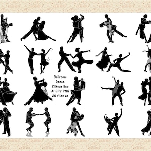 Peut inclure: Silhouettes de couples dansant le tango. Les images en noir et blanc sont sur un fond blanc. Ballroom Dance Silhouettes AI EPS PNG 20 files ea