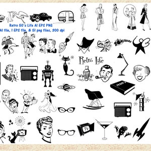 Vita e icone anni Cinquanta Al EPS PNG Pt 2 (non SvG), persone anni Cinquanta, mobili, atomi, clip art retrò di metà secolo, era atomica anni '50 CU 0K