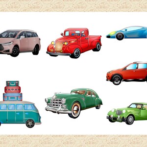 Pu&ograve; includere: Una collezione di sette auto diverse, tra cui un camioncino rosso, un'auto sportiva blu, un'auto d'epoca verde, un furgone verde con bagagli sul tetto, un SUV rosso, un'auto d'epoca verde e un minivan marrone.