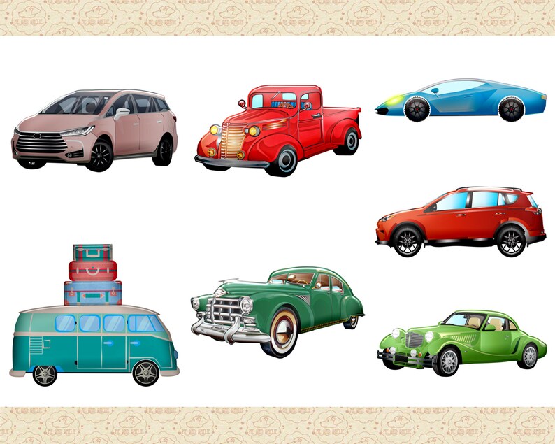 Pu&ograve; includere: Una collezione di sette auto diverse, tra cui un camioncino rosso, un'auto sportiva blu, un'auto d'epoca verde, un furgone verde con bagagli sul tetto, un SUV rosso, un'auto d'epoca verde e un minivan marrone.
